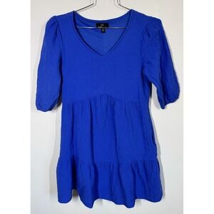 Ronnie Nicole V Neck Tiered Royal Blue Gauze Dress Size M‎ Pockets Puff Sleeves